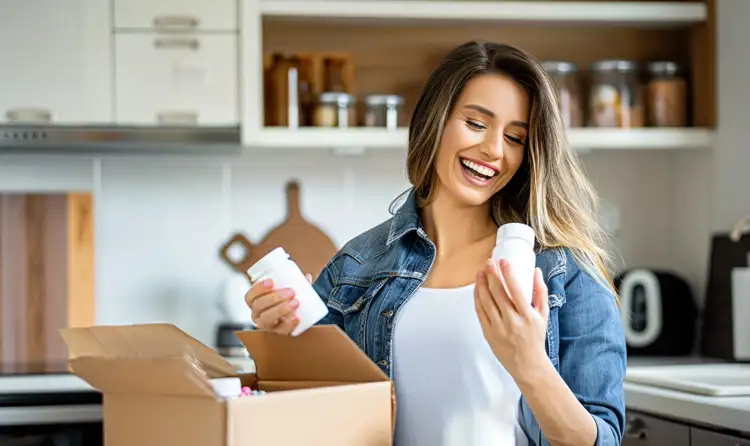 A-smiling-woman-opening-a-box-of-vitamins