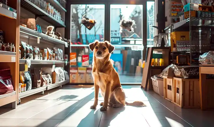 Dog in sun lit pet store