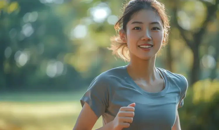 Japanese woman running in a park