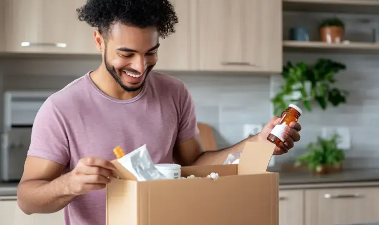 a man opening his subscription box of vitamins