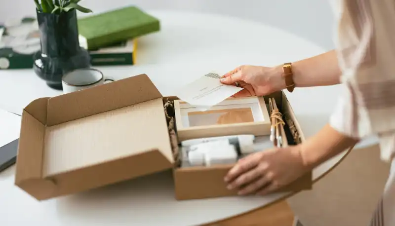 Lady opening a packaging box with multiple items