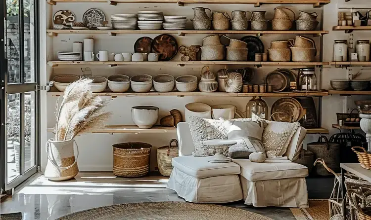 a homeware store with shelves of tableware